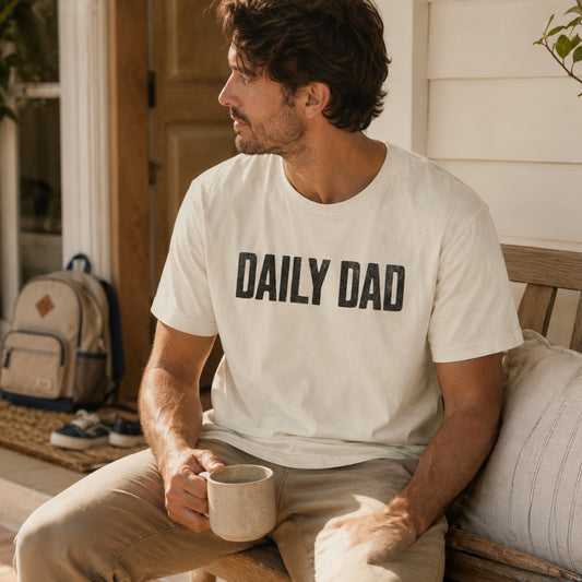 Dad wearing the Natural Daily Dad Tee on a porch, holding a mug — EvoDad Co.