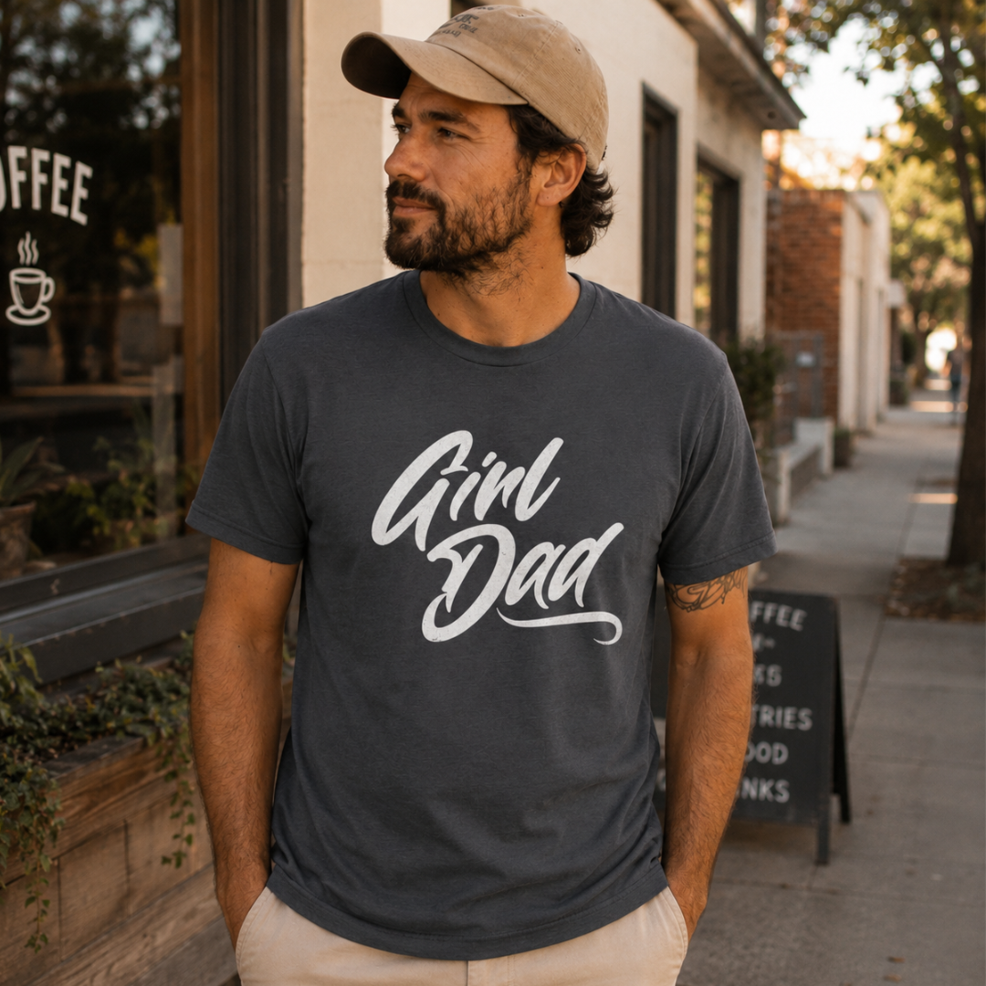 Dad wearing a charcoal Girl Dad graphic tee on a city sidewalk - EvoDad Co.