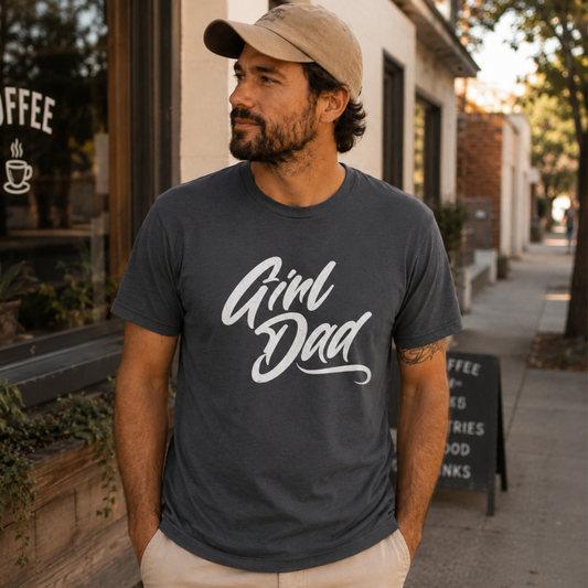 Dad wearing a charcoal Girl Dad graphic tee on a city sidewalk - EvoDad Co.