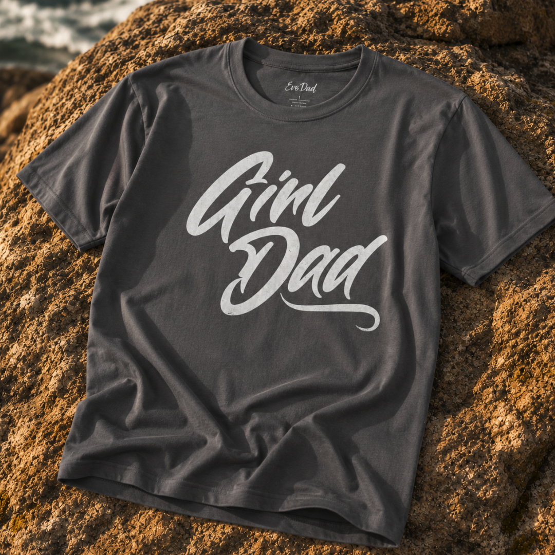 Charcoal Girl Dad tee flat lay on rock surface - EvoDad Co. graphic t-shirt