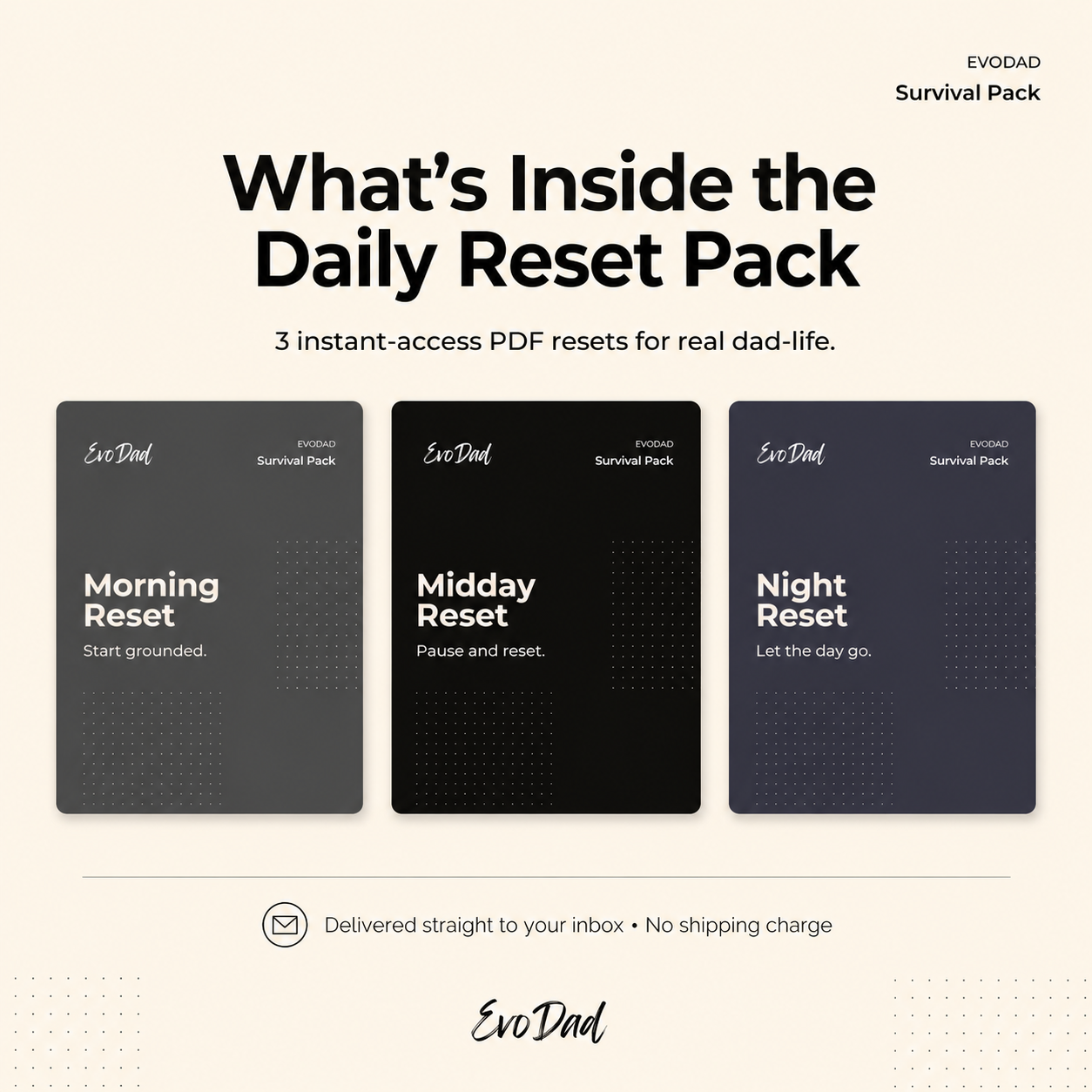 What's inside the Daily Reset Pack — three cards showing Morning Reset, Midday Reset, and Night Reset, delivered straight to your inbox.