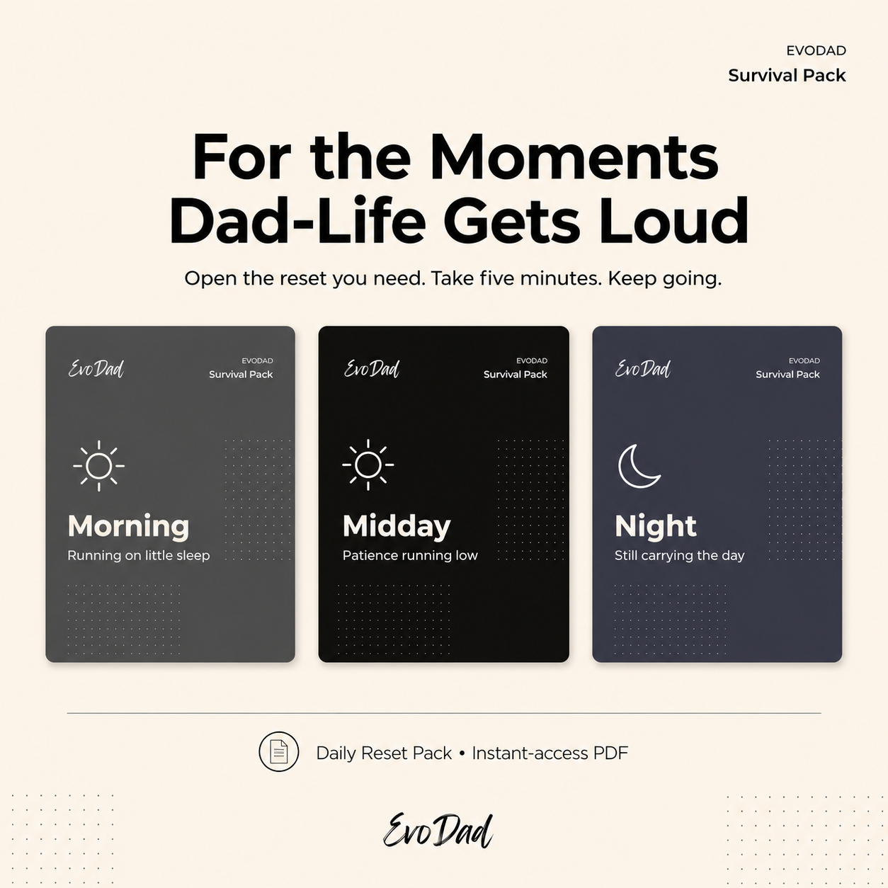 Daily Reset Pack cards for morning, midday, and night — 'For the moments dad-life gets loud.'
